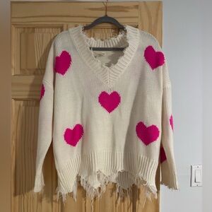 Main Strip White and Pink Heart V-Neck Sweater